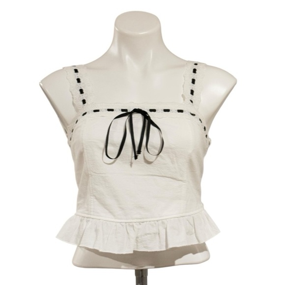 KIRIOUS Copped Eyelet Trim Black Ribbon Bow Tank Top Size M NEW - Picture 1 of 5